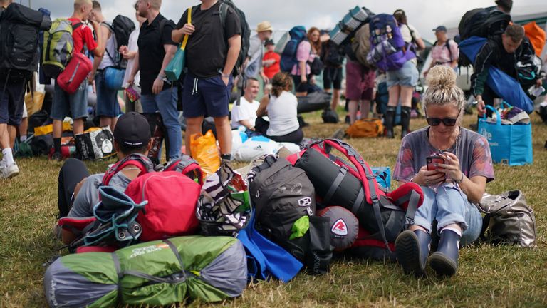 People queue for entry on the first day of the Glastonbury Festival at Worthy Farm in Somerset. Picture date: Wednesday June 21, 2023.
