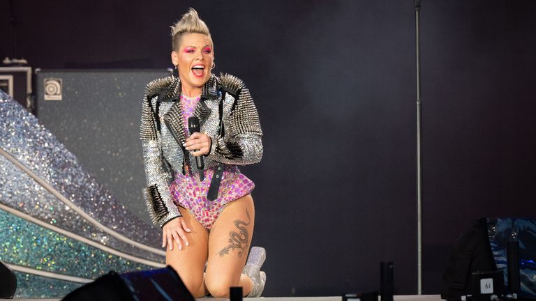 Pink performing on stage at BST Hyde Park in London. Pic: PA
