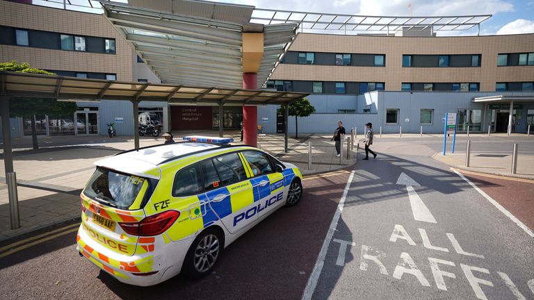 Police at Central Middlesex Hospital in north-west London after two people were stabbed, with one man critically injured. Picture date: Wednesday June 21, 2023.
