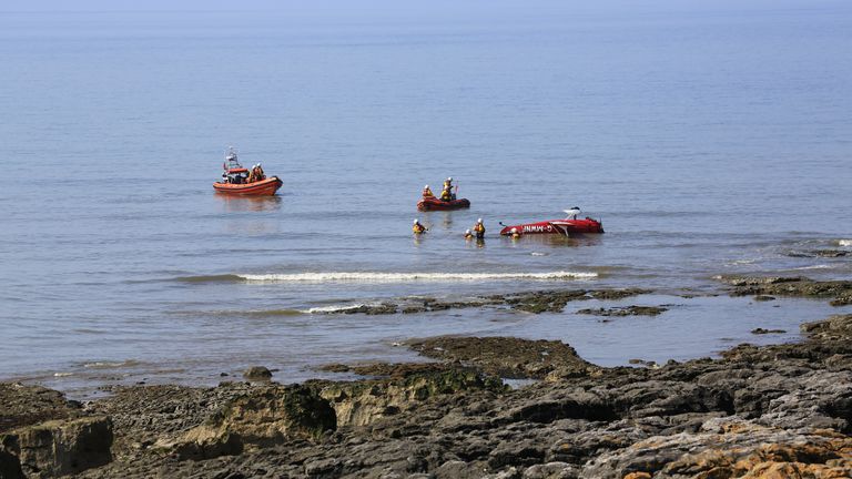 A light aircraft came down on the shore near Porthcawl pavilion on Tuesday. Pic: Porthcawl RNLI/Chris Page