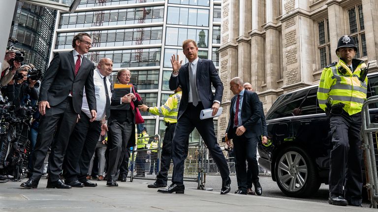 The Duke of Sussex arriving at the Rolls Buildings in central London to give evidence in the phone hacking trial against Mirror Group Newspapers (MGN). A number of high-profile figures have brought claims against MGN over alleged unlawful information gathering at its titles. Picture date: Wednesday June 7, 2023. PA Photo. Claimants include the Duke of Sussex, former Coronation Street actress Nikki Sanderson, comedian Paul Whitehouse&#39;s ex-wife Fiona Wightman and actor Michael Turner.  See PA story COURTS Hacking. Photo credit should read: Aaron Chown/PA Wire