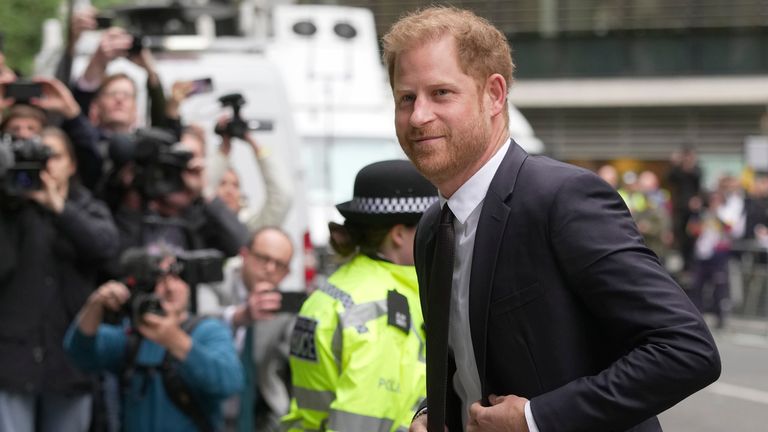 Prince Harry arrives at the High Court in London, Tuesday, June 6, 2023. Prince Harry is due at a London court to testify against a tabloid publisher he accuses of phone hacking and other unlawful snooping. Harry alleges that journalists at the Daily Mirror and its sister papers used unlawful techniques on an "industrial scale" to get scoops. Publisher Mirror Group Newspapers is contesting the claims. (AP Photo/Kin Cheung)