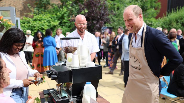 The Prince of Wales meets representatives from Old Spike Roastery during a visit to Mosaic Clubhouse in Lambeth, London, which supports people living with mental health conditions across Lambeth, as part of his tour of the UK to launch a project aimed at ending homelessness. Picture date: Monday June 26, 2023.