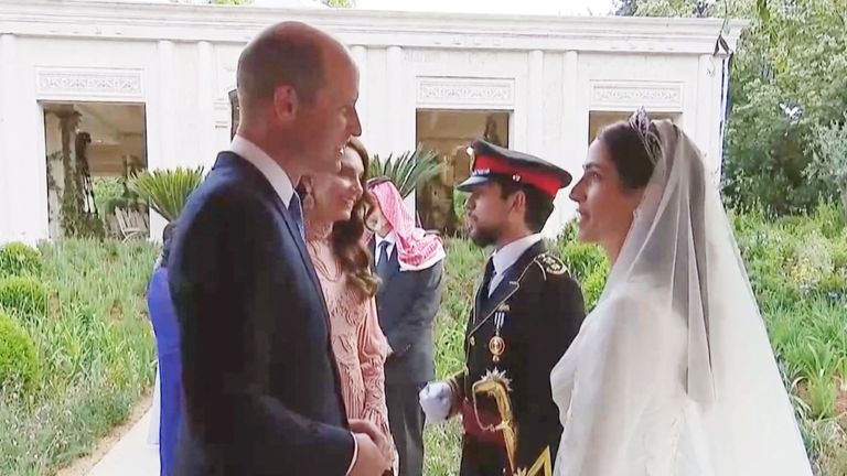 Prince William and Princess Catherine meet Jordan&#39;s Crown Prince Hussein and Rajwa Al Saif at their royal wedding ceremony, in Amman, Jordan 