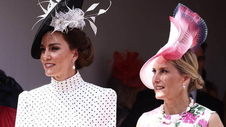 The Princess of Wales (left) and the Duchess of Edinburgh, arrive to attend the annual Order of the Garter Service at St George&#39;s Chapel, Windsor Castle, Berkshire. Picture date: Monday June 19, 2023.