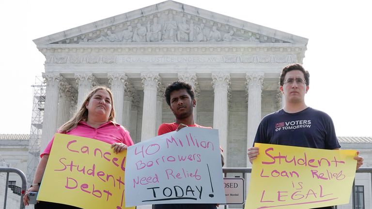 Student debt protests outside the Supreme Court. Pic: AP 