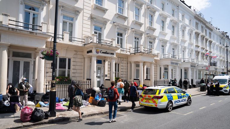 The scene outside the Comfort Inn hotel  in Pimlico where around 40 refugees were placed in the borough