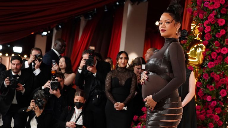 Rihanna arrives at the Oscars on March 12, 2023 AP 