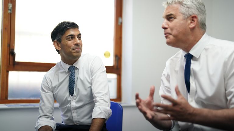 Prime Minister Rishi Sunak with Health Secretary Steve Barclay during a visit to Rivergreen Medical Centre in Nottingham. Picture date: Monday June 26, 2023.