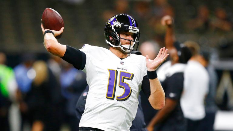 Baltimore Ravens quarterback Ryan Mallett (15) warms up before an NFL preseason football game against the New Orleans Saints, Thursday, Aug. 31, 2017, in New Orleans. (AP Photo/Butch Dill)