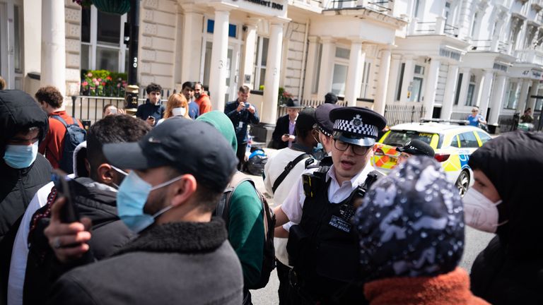 The scene outside the Comfort Inn hotel  in Pimlico where around 40 refugees were placed in the borough