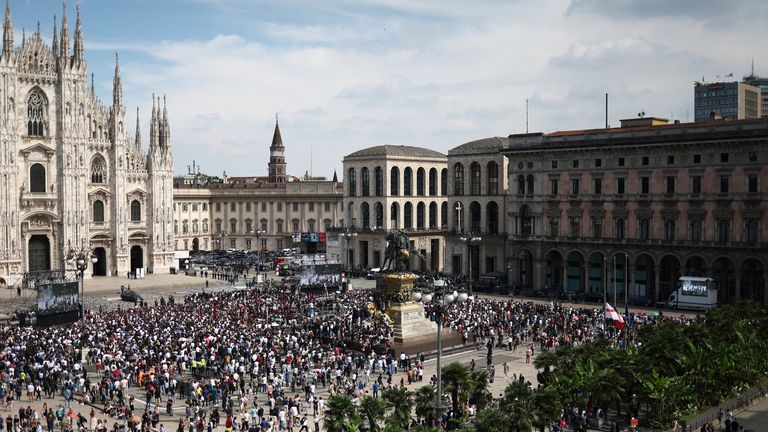 People attend the funeral of former Italian Prime Minister Silvio Berlusconi at the Duomo square, in Milan, Italy June 14, 2023. REUTERS/Guglielmo Mangiapane