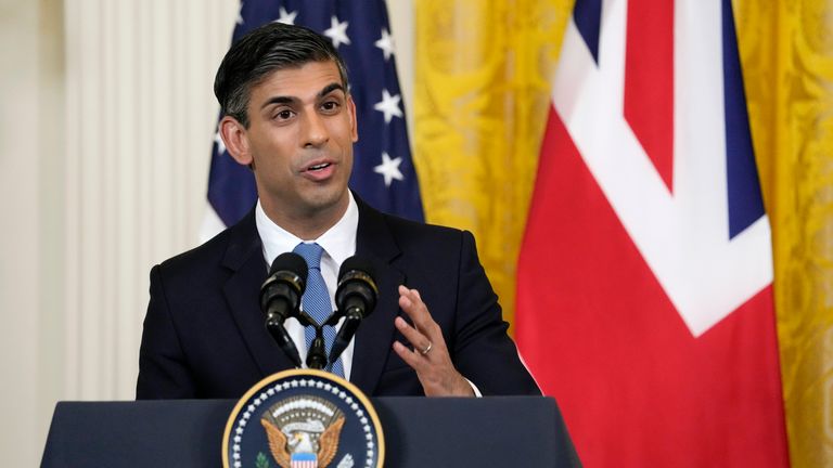 British Prime Minister Rishi Sunak speaks during a news conference with President Joe Biden in the East Room of the White House in Washington, Thursday, June 8, 2023. (AP Photo/Manuel Balce Ceneta)