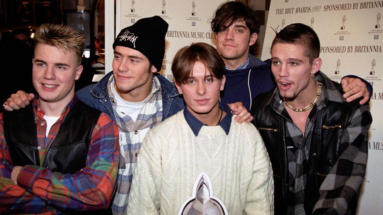Take That, who are among the nominees for the Best British Newcomers award at the Music Industry Oscars, at the Hard Rock Cafe in London. (L - R) Gary Barlow, Howard Donald, Mark Owen, Robbie Williams and Jason Orange.