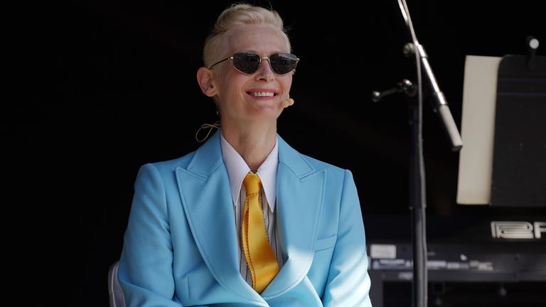 Tilda Swinton performing with modern classical instrumentalist Max Richter on the Park Stage,   at the Glastonbury Festival at Worthy Farm in Somerset. Picture date: Saturday June 24, 2023. PA Photo. See PA story SHOWBIZ Glastonbury. Photo credit should read: Yui Mok/PA Wire