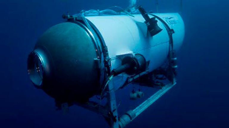 FILE - This undated photo provided by OceanGate Expeditions in June 2021 shows the company&#39;s Titan submersible. On Monday, June 19, 2023, a rescue operation was underway deep in the Atlantic Ocean in search of the technologically advanced submersible vessel carrying five people to document the wreckage of the Titanic, the iconic ocean liner that sank more than a century earlier. (OceanGate Expeditions via AP, File)