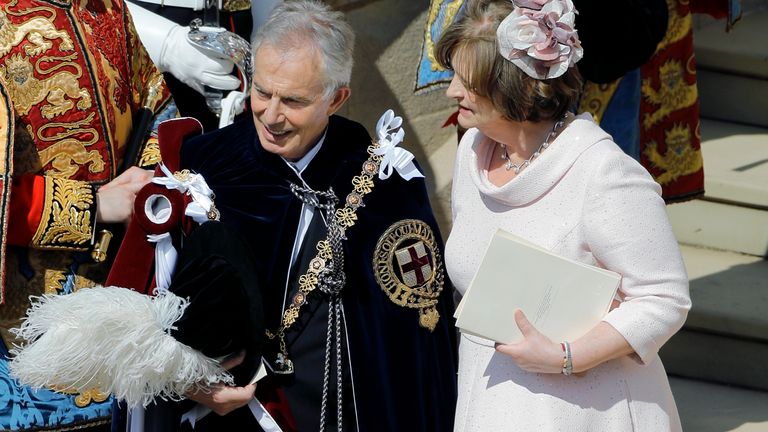 Former Prime Minister Sir Tony Blair and and his wife Cherie Blair depart after attending the annual Order of the Garter Service at St George&#39;s Chapel, Windsor Castle, Berkshire. Picture date: Monday June 19, 2023.