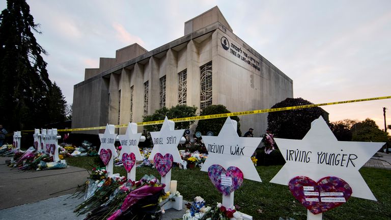 A makeshift memorial outside the Tree of Life Synagogue in the aftermath of a deadly shooting. Pic: AP