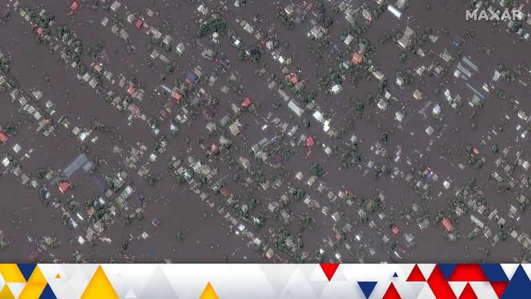 A satellite image shows the flooded town of Oleshky, Ukraine, June 7, 2023. Maxar Technologies/Handout via REUTERS THIS IMAGE HAS BEEN SUPPLIED BY A THIRD PARTY. NO RESALES. NO ARCHIVES. MUST NOT OBSCURE LOGO.