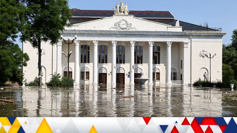 The House of Culture on a flooded street in Nova Kakhovka. Credit: Alexey Konovalov/TASS