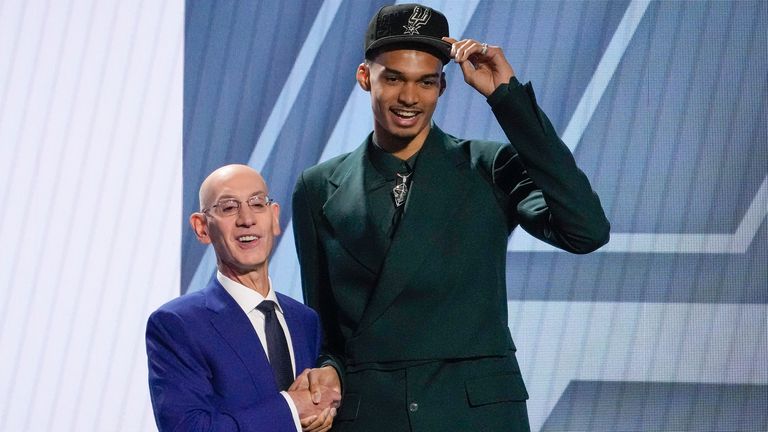Victor Wembanyama with NBA commissioner Adam Silver after being selected as the first pick in the 2023 Draft. Pic: AP