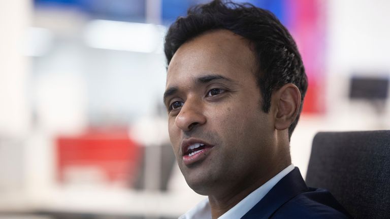 2024 Republican presidential candidate Vivek Ramaswamy speaks with POLITICO journalists at POLITICO&#39;s offices in Arlington, Va., June 5, 2023. (Francis Chung/POLITICO via AP Images)