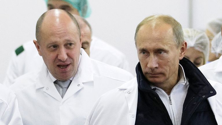 Vladimir Putin and Yevgeny Prigozhin at a factory outside St Petersburg in September 2010. Pic: AP