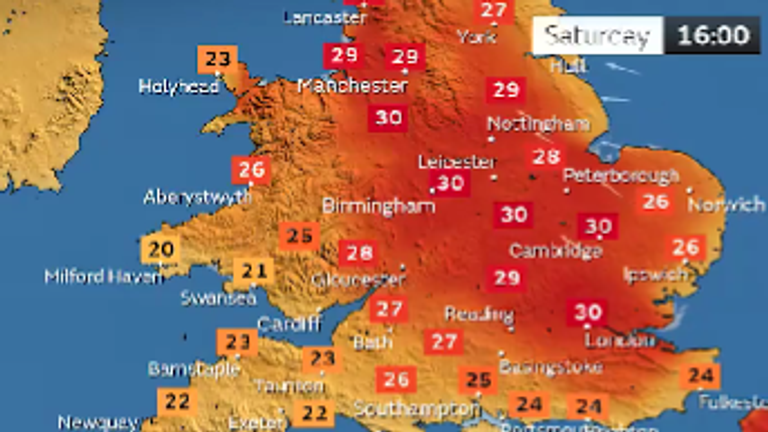 Temperatures could hit 31C &#39;between London, Cambridgeshire, into the Midlands and out towards North West England&#39; Pic: Met Office 