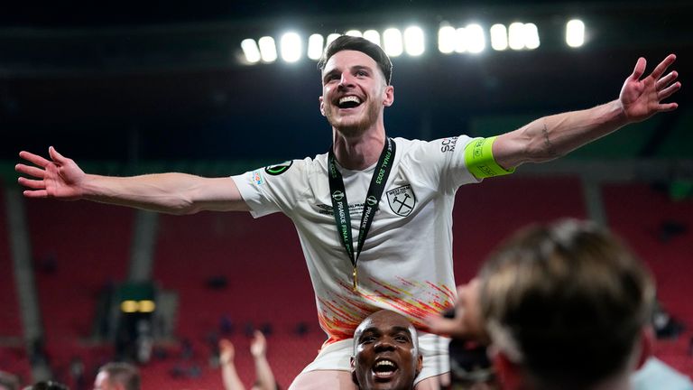 Declan Rice celebrates after winning the Europa Conference League final. Pic: AP