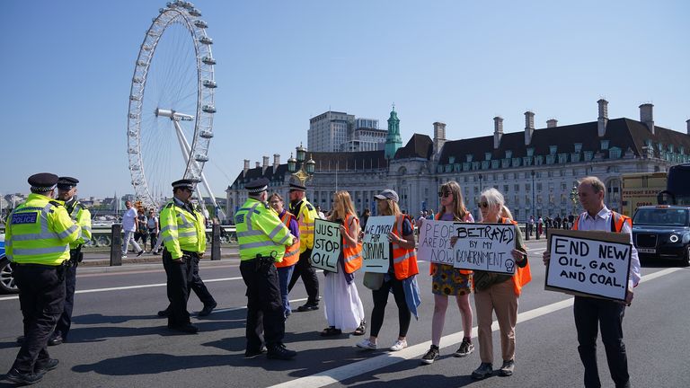 Just Stop Oil activists take part in slow walk protest across Westminster Bridge 
