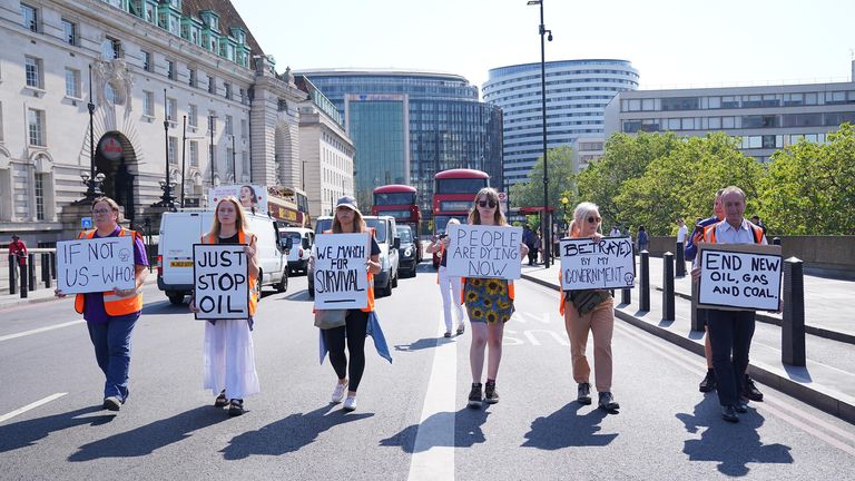 Just Stop Oil activists take part in slow walk protest across Westminster Bridge