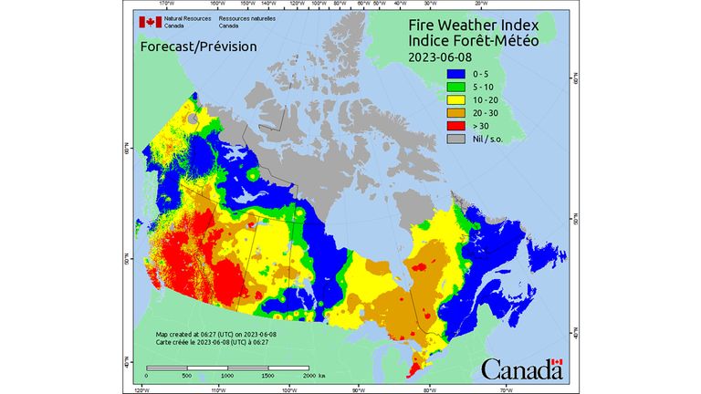 The Fire Weather Index is a component of the Canadian Forest Fire Weather Index (FWI) System. It is a numeric rating of fire intensity. It is based on the ISI and the BUI, and is used as a general index of fire danger throughout the forested areas of Canada.