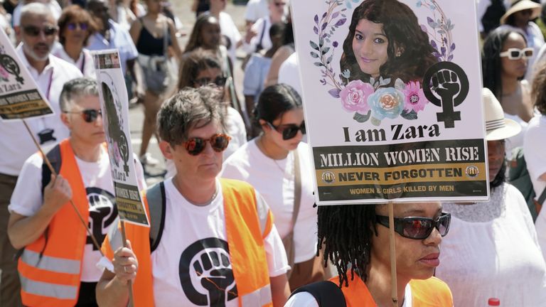 Family and friends take part in a silent vigil to mark the one year anniversary of the death of Zara Aleena on Cranbrook Road in Ilford. Law graduate Ms Aleena, 35, was sexually assaulted and killed by Jordan McSweeney as she walked home in London on June 26 last year. Picture date: Sunday June 25, 2023.