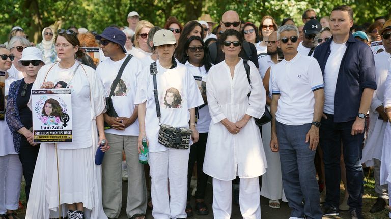 Mayor of London Sadiq Khan (second right) and Farah Naz (third right) joing family and friends during a vigil to mark the one year anniversary of the death of Zara Aleena at Valentines Park in Ilford. Law graduate Ms Aleena, 35, was sexually assaulted and killed by Jordan McSweeney as she walked home in London on June 26 last year. Picture date: Sunday June 25, 2023.