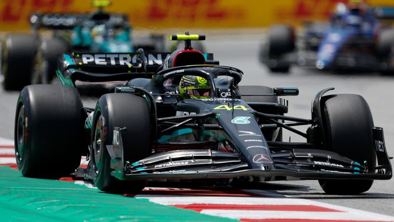 Mercedes driver Lewis Hamilton of Britain steers his car during the first practice session for Sunday&#39;s Spanish Formula One Grand Prix, at the Barcelona Catalunya racetrack in Montmelo, Spain, Friday, June 2, 2023. (AP Photo/Joan Monfort)