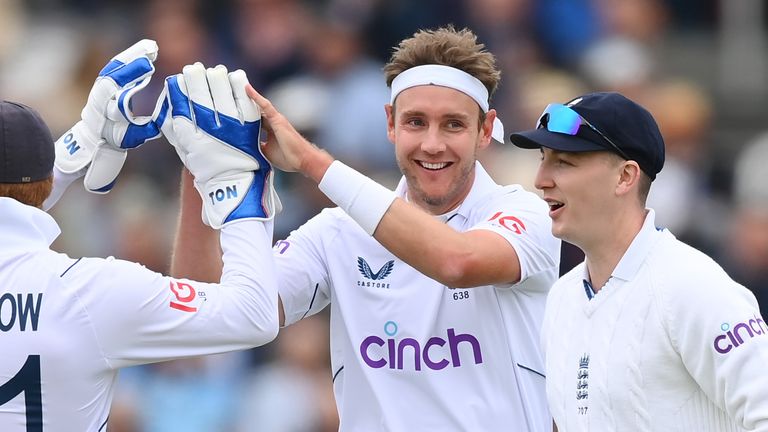 Stuart Broad celebrates as he claims a five-wicket haul on the opening day of England&#39;s Test against Ireland at Lords&#39;