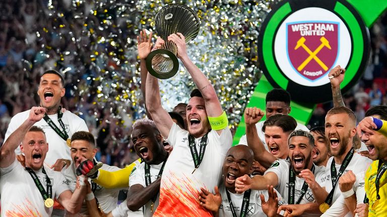 Declan Rice lifts the trophy after West Ham win the Europa Conference League