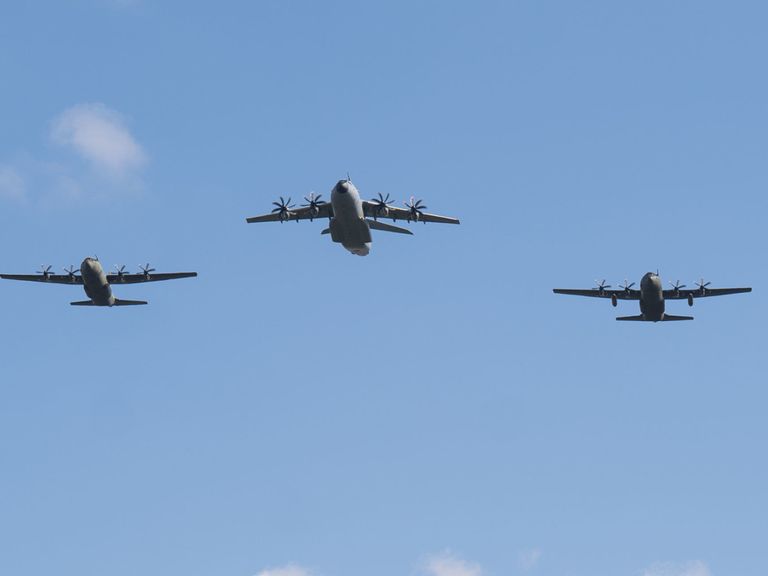 C-130J Hercules and A400M Atlas taking part in a rehearsal for the official coronation flypast in May