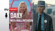 This combination of images shows Margot Robbie in a scene from "Barbie," left, and Cillian Murphy in a scene from "Oppenheimer." (Warner Bros Pictures/Universal Pictures via AP)
