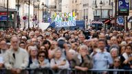 A crowd wait outside the Saint-Roch church during Jane Birkin&#39;s funeral ceremony in Paris 
Pic:AP