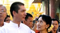 Kim Aris and his mother Aung San Suu Kyi in Myanmar in 2010. Pic: AP