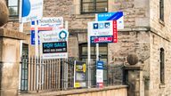A group of signs advertising nearby properties for sale and let in Edinburgh.