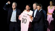 Jul 16, 2023; Ft. Lauderdale, FL, USA; Inter Miami CF forward Lionel Messi is introduced at The Unveil event and press conference on stage with Inter Miami CF managing owner Jorge Mas, Inter Miami CF co-owner Jose Mas, and Inter Miami CF co-owner David Beckham at DRV PNK Stadium. Mandatory Credit: Jasen Vinlove-USA TODAY Sports
