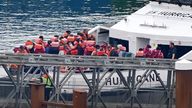 A group of people thought to be migrants are brought in to Dover, Kent, onboard a Border Force vessel after being rescued during a small boat incident in the Channel. Picture date: Friday July 14th, 2023. PA Photo. Photo credit should read: Gareth Fuller/PA Wire