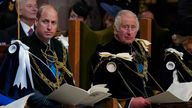 Prince William and King Charles III during the National Service of Thanksgiving and Dedication for King Charles and Queen Camilla, and the presentation of the Honours of Scotland, at St Giles&#39; Cathedral, Edinburgh 