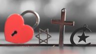 Symbols of Judaism, Christianity and Islam with a heart padlock