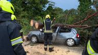 Firefighters remove fallen tree branches from damaged parked car after a powerful storm, in Zagreb, Croatia, Wednesday, July 19, 2023. A powerful storm with strong winds and heavy rain hit Croatia and Slovenia on Wednesday, killing at least three people and injuring several others. (AP Photo)