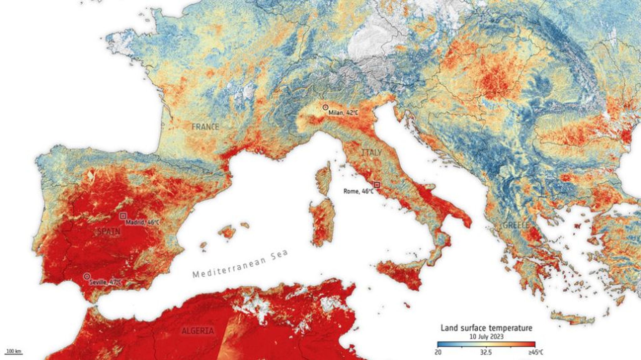 Cerberus heatwave European data shows land temperatures are scorching