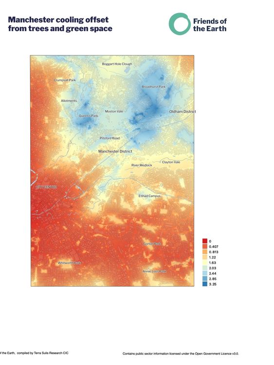 Cooling offset from trees and green space in Manchester
