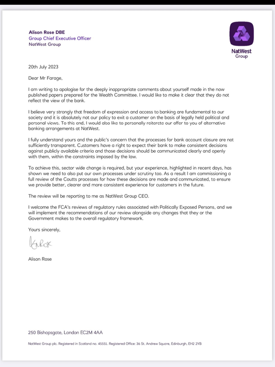 The apology letter written to Nigel Farage